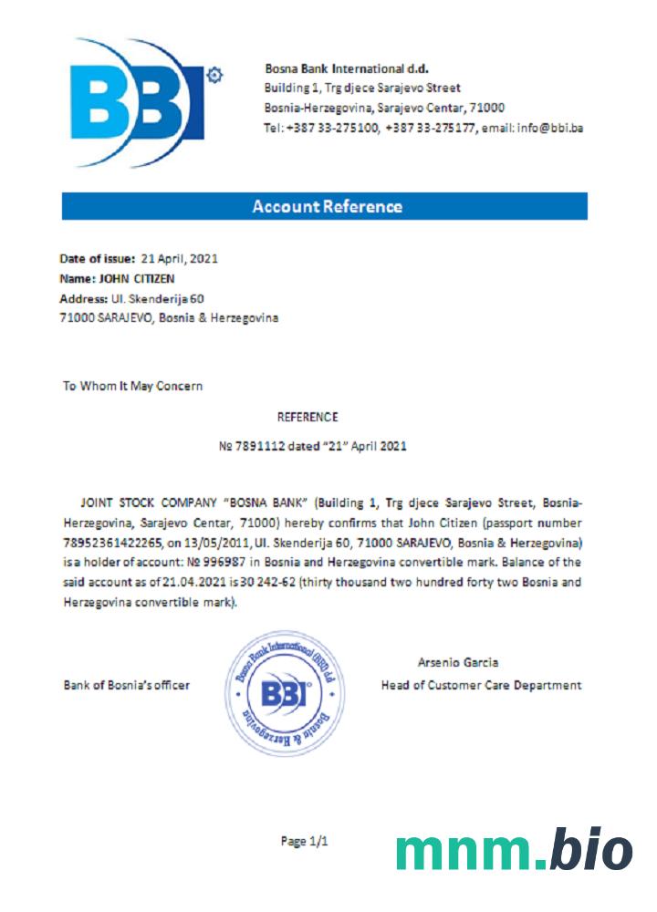 Bośnia I Hercegowina Bosna Bank Internat przykład odniesienia w formatach Word i PDF